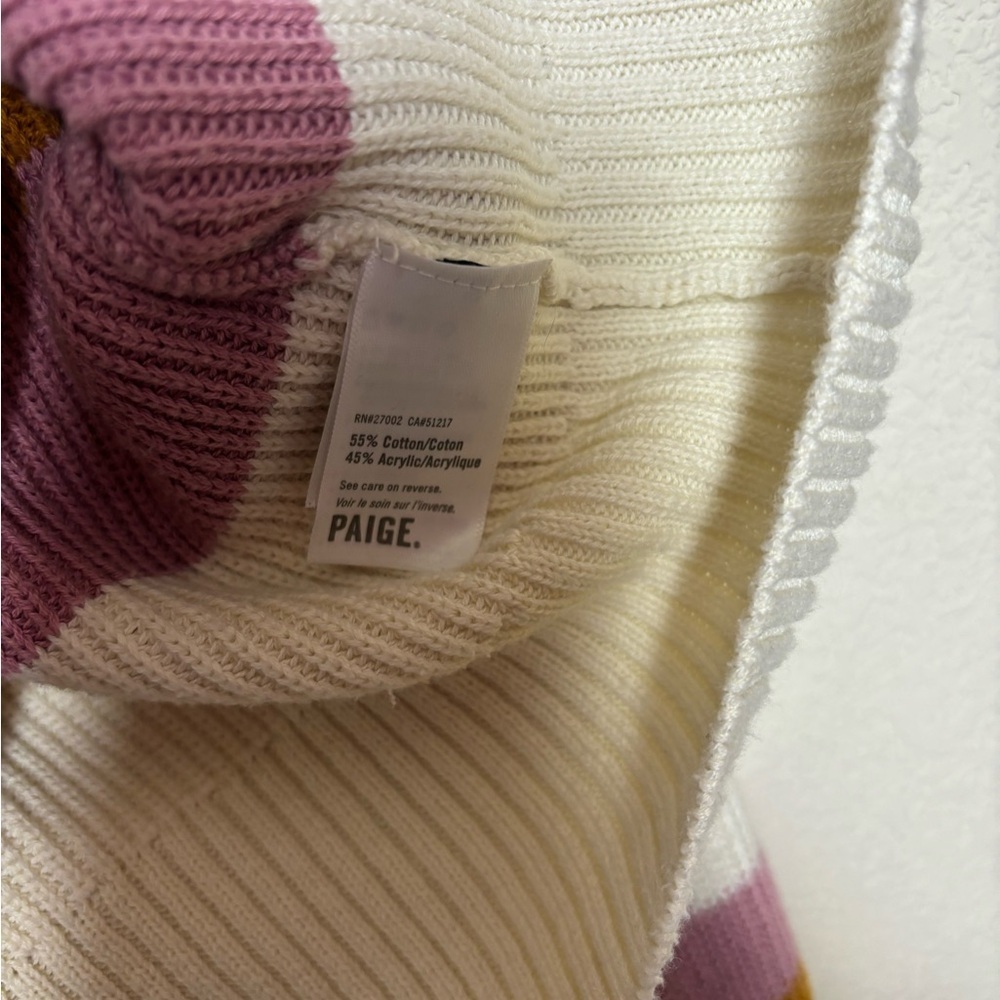 PAIGE Negin V-Neck Knit Sweater in Fuchsia, Gold, and Cream Stripes Small - Picture 7 of 7
